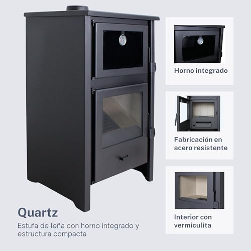 Miniatura 5 de Eider Biomasa Estufa De Leña Interior Con Horno Quartz 12,4 Kw, Frontal En Fundición, Hasta 210 M , Salida Superior Ø120 Mm