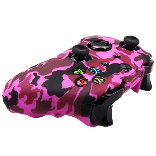 Image of YoRHa Water Transfer Printing Camouflage Silicone Cover Skin Case for Microsoft Xbox One X & Xbox One S Controller x 1(Dark Pink) with PRO Thumb Grips x 8