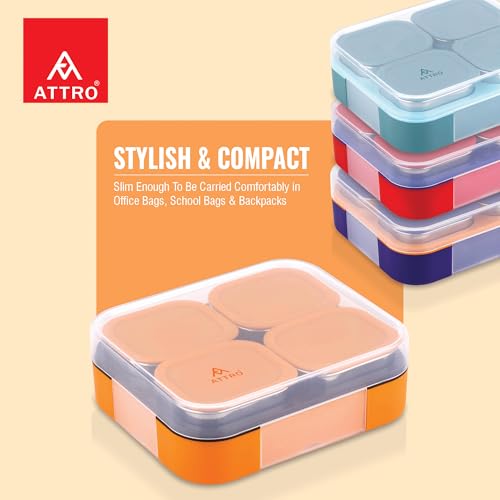 Image of ATTRO Admire-4 Insulated Lunch Box | 4 Removable Stainless Steel Containers with Lids | BPA-Free, Food Grade, Leak-Proof| Ideal for School, Office & Outdoor Use| 800ml, Tangy Orange