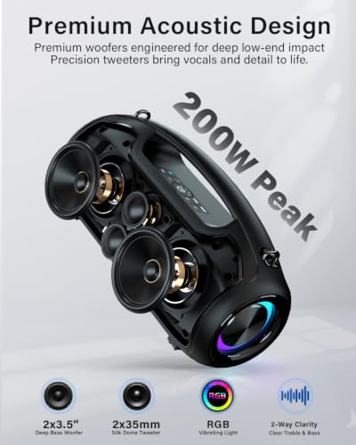 Image of Bluetooth Speaker, 200W Peak Portable Speakers Wireless w /Bass Boost