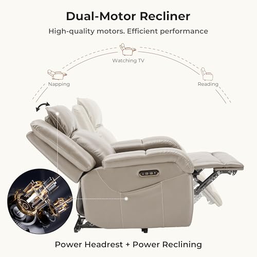 Image of SITJOY Pet Friendly Leather Power Recliner Chair, Zero Wall Hugger RV Recliners with Power Headrest, Charging Ports, Side Pockets, Down-Filled, Scratch Resistant Waterproof Faux Leather in Greige