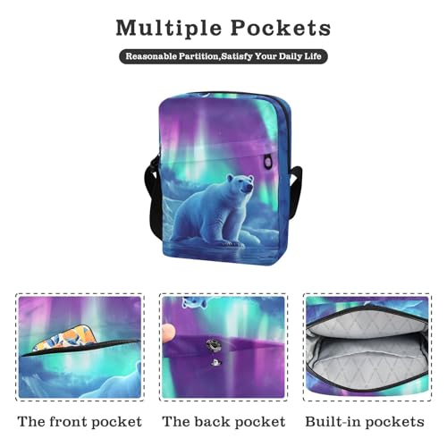Crossbody Bag Purse Aurora Polar Bear Print for Women Men, Shoulder Pouch with Adjustable Strap 6.6×2.5×9.4 IN2