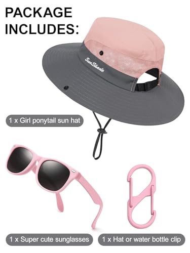 Kids Sun Hats Sunglasses and Hat Clip Set Wide Brim Summer Hats UV Protection Beach Cap with Ponytail Hole4