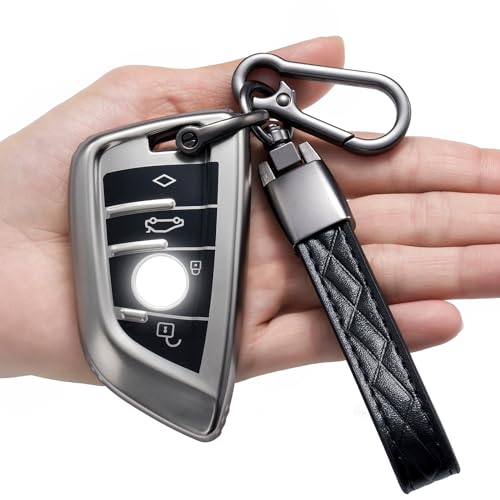 LJMTBKAN for BMW Key Fob Cover with leather lanyard, Compatible with BMW X1 X2 X3 X5 X6 X7 and Series 1 2 3 4 5 6 7 8 Remote Smart Key Protector