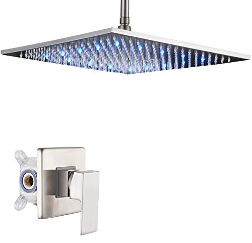 Rozin Bathroom One-way Mixer Kit Ceiling Mounted LED Light 16-inch Rainfall Shower Head Set Brushed Nickel