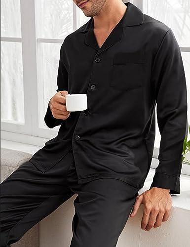 SWOMOG Couples Pajamas Womens &Mens Matching Pajamas Set Silk Satin Pj Set Long Sleeve Button Down Sleepwear 2 Pcs Loungewear2