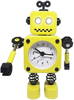 Diskary Robot Alarm Clock,Stainless Metal Non-Ticking Wake-up Clock with Flashing Eye Lights and Rotating Arm,Gift to Children (Yellow)