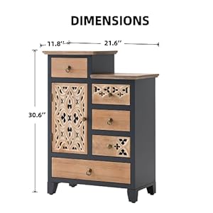 Farmhouse accent chest with carved door and 5 drawers vintage storage cabinet modern dresser for living room entryway hallway multi drawer organizer natural and deep blue  urban country home decor