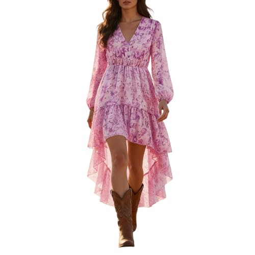 Robe florale avant courte arrière longue à col en V et manches longues