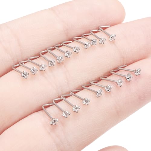 Ftovosyo 20Pcs Nose Rings Studs Surgical Steel L-Shape Nose Rings For Women Silver 2Mm Cubic Zirconia Nose Screw Studs Hypoallergenic Nose Piercings 22G thumb #3