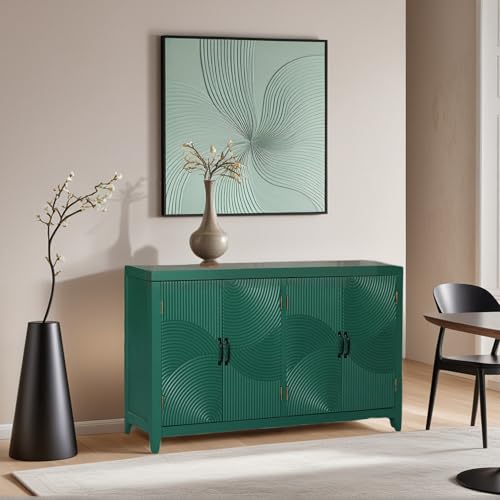 Image of Green Solid Wood Sideboard Buffet Cabinet with Storage - Modern Wave Design with Removable Shelves, for Kitchen, Living Room & Hallway (Green Finish)