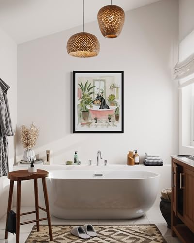 Image of Dobermann in Bathtub Black Framed Wall Art Poster Print, Animal Bathtub Restroom Wall Art Painting for Bathroom Decor Gallery Gallery 30 (Dobermann in Bathtub, 10 inch L x 8 inch W, Black Frame)