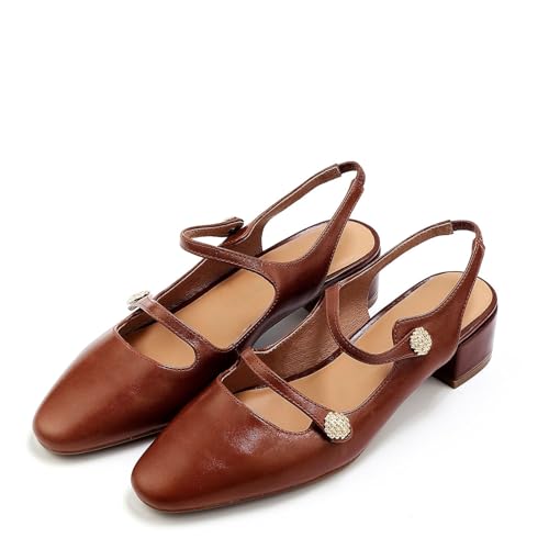 Women's Retro Closed Round Toe Chunky Heel Slingback Pumps Chic Slip On Double Strap Mary Jane Low Block Heels Comfortable Party Office Dressy Shoes for Women