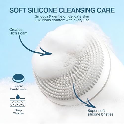 Jellystar Electric Face Scrubber with Led Display & Facial Cleansing Brush - 6-in-1 Exfoliating Kit, 3 Speeds, IPX6 Waterproof Face Brush for Deep Cleaning, Massage & Gentle Exfoliation-Milk White