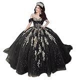 Mauuwy Shiny Black Quinceanera Dresses Off Shoulder Gold Applique Lace Beaded Bow Dresses Ruched Sweet 16 Dresses Vestidos De 15 Anos Quinceaneras Size 0