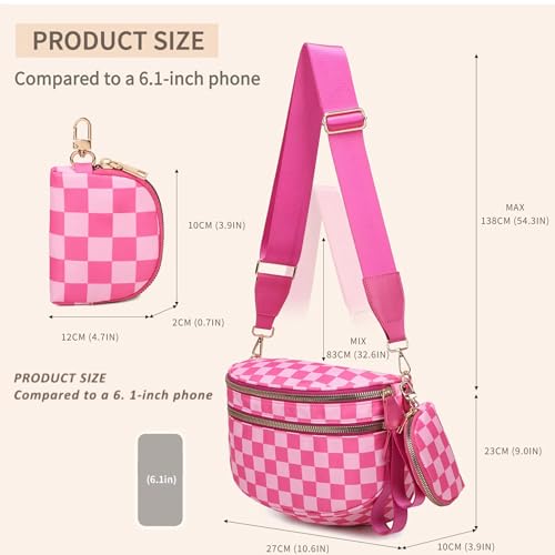 Image of Checkered Crossbody Bum Bags for Women, Nylon Sling Bags with Shoulder Strap, Large Capacity Checkered Purse Bag