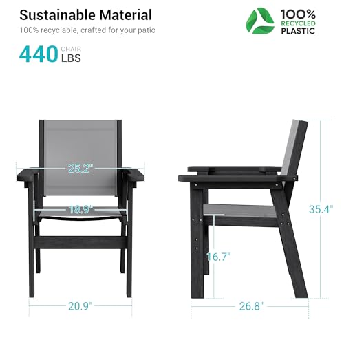 Image of HDPE Outdoor Dining Chairs Set of 2 | Textilene Weather Resistant Patio Stackable Chairs for Garden, Backyard, Lawn and Poolside, Black