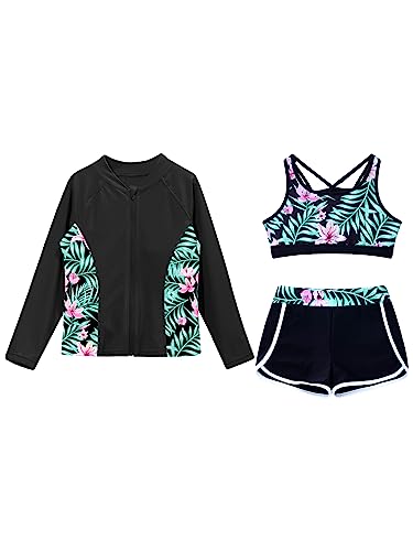 3PCS Kids Girls Swimwear Long Sleeve Rashguard with Crop Top and Shorts for Beach Pool Swimming3
