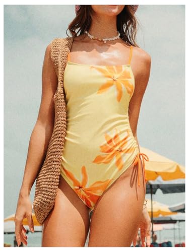 Floerns Women's One Piece Swimsuit Flower Print Drawstring Side Bathing Suit4