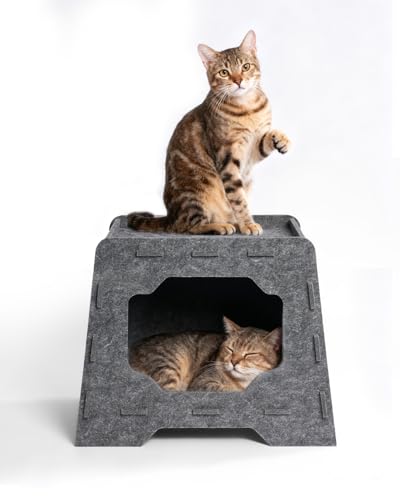 Pawtasy Katzenhöhle Katzenhaus aus Filz Katzenbett 2-Ebenen Katzen Höhle mit Kuschelhöhle & Aussichtsplattform, Schutz der Katzennägel, 50 x 31 x 41 cm, Grau