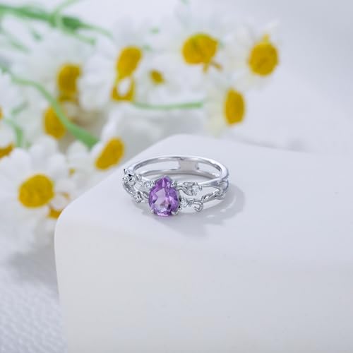 Amethyst/Turquoise Vine Ring Sterling Silver, Pear-Cut Gemstone Statement Rings, Boho Jewelry Engagement/Anniversary/Birthday Gift for Women4