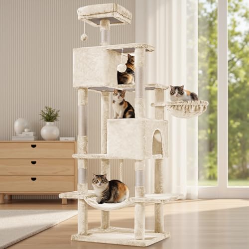 Image of Sweetcrispy 66 Inch Cat Tree Tower, Multi Level Cat Climbing Tower with Natural Sisal Scratching Posts, Hammock, Pet Condo for Indoor Cats and Kittens Play, Beige