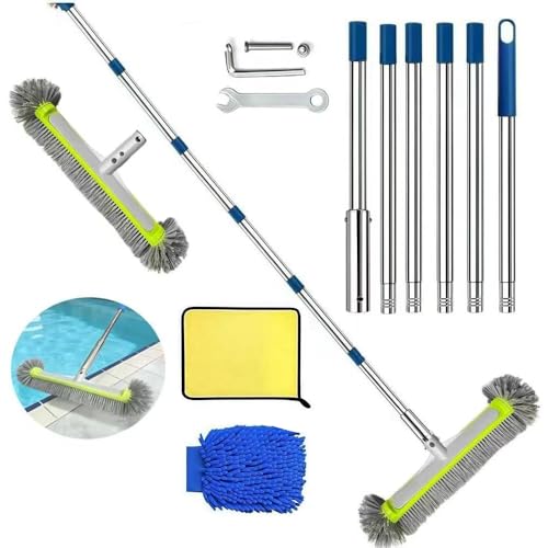 Brosse de Piscine avec Tige Télescopique de 230 cm de Long, Brosse de Nettoyage pour Piscine de 45 cm, Balai de Piscine Extrémités Rondes avec Tige en Acier...