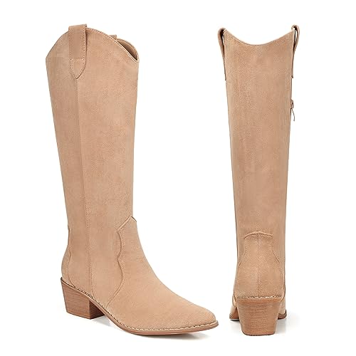 Image of SHIBEVER Cowgirl Boots Knee High: Womens Western Cowboy Boots Wide Calf Apricot Low Heeled Put on Suede Tall Booties Size 10.5