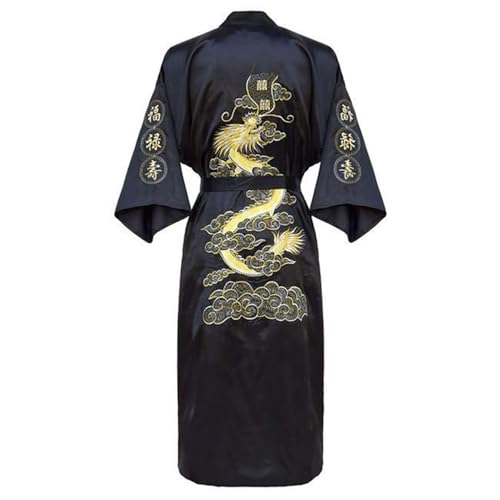 Dragon Robe Traditional Male Sleepwear,Chinese Silk Satin Robe Traditional Embroidery Dragon Kimono Yukata Bath Gown XL
