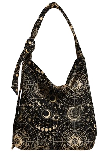 Gemfit Corduroy Tote Bag with Zipper for Women - Cute Hobo Bags Big Capacity Crossbody with Adjustable Knot Shoulder Strap for Work, Travel, Shopping with Inner Pockets, Sun Star