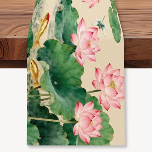 WADORN Chemin de Table Lotus Rose Chinois Chemin de Table Décoratif de Style Zen Inspiré des Peintures Chinoises Anciennes (33x183cm ) pour Cuisine Ou Fêtes...