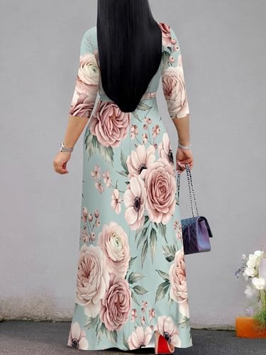 Image of PinkPatty Women's Plus Size Maxi Dresses Casual Flowy 3 /4 Sleeves Dress Printed Vacation Dress for Daily Wear with Belt