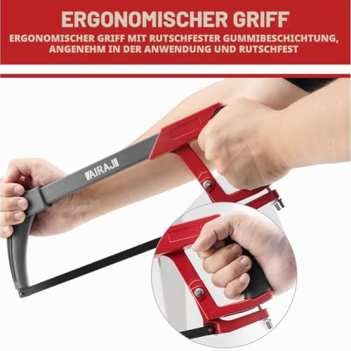 Foto von AIRAJ Metallsäge 300 MM,Hand-Sägen mit 10 Austauschbarer Klinge,45 °/90 ° Eisensäge für Metall,Holz,Stahl,PVC-Rohr,Gefrorenem Fleisch,Bügelsäge und Plastik,Profi Metallsäge