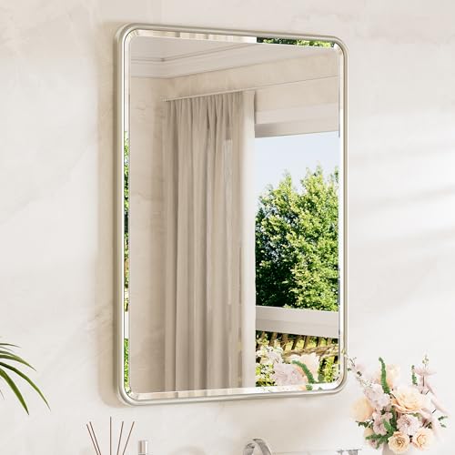 TETOTE Brushed Nickel Bathroom Mirror for Over Sink 24 x 36 Beveled Edge Tempered Glass, Rounded Corner Rectangle Framed Mirror for Modern Bathroom, Living Room, Bedroom, Entryway