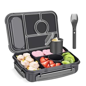 Amathley Brotdose Kinder mit Fächern,Bento Box Kinder,Brotdose Erwachsene,1300ML Lunchbox mit 5 Fächern und Saucenbehältern,Mikrowellen... Spülmaschinenfest,BPA-Frei (Dunkelgrau)