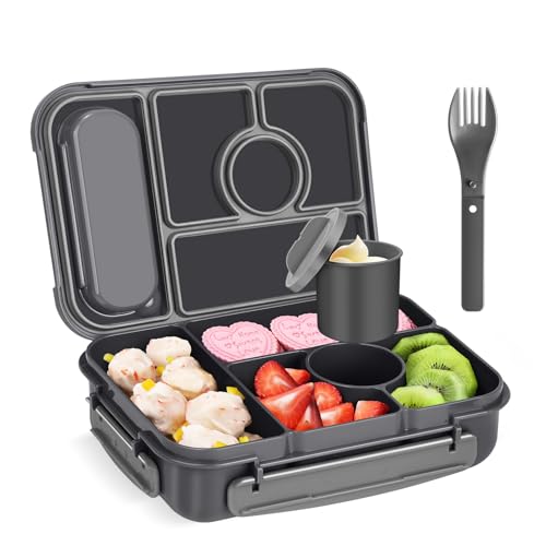 Amathley Bento Box Adult Lunch Box,Leakproof Lunch Box Kids with 1300ML-5 Compartments,Bento Box with Sauce Vontainers,Microwave & Dishwasher & Freezer (Dark Gray)