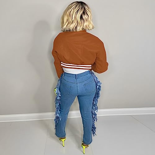 Image of Women Cropped Bomber Jacket Varsity Button Down Baseball Coat Streetwear | Long Sleeve Lightweight Casual Cropped Jacket With Pockets, Spring Autumn Outwear Y2K School Bomber Jackets for Women