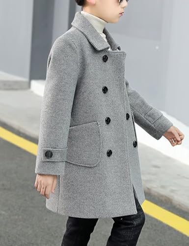 ONAXTDA Boys Double Breasted Pea Coat Kids Winter Turndown Collar Knee Long Overcoat 5-14 Years4