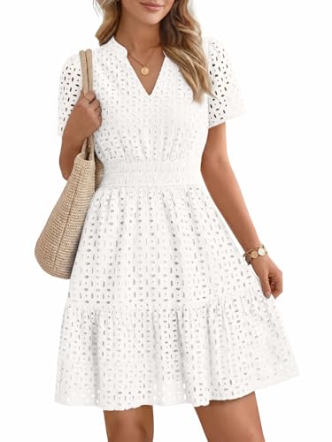 LILLUSORY Womens Eyelet Dress Cotton Lace 2026 Summer Beach Vacation Outfits Mini V Neck A Line Hollow Out Spring Trendy Cute Work Casual Short Sun Dresses White M