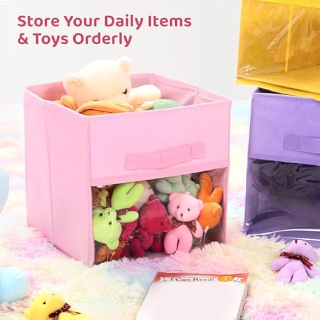 6 PCS Clear Cube Storage Bins, 10.5 x 10.5 x 11 Inches Foldable Storage Cubes, Cube Storage Cases with Handle Design, Non-Woven Cloth Organizers for Clothes, Toys, Books
