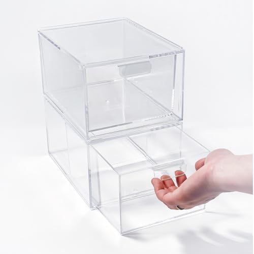 MOTDWKYD 2 Pack Clear Stackable Makeup Organizer, Acrylic Bathroom Storage Drawers with Handles for Vanity, Kitchen Cabinets, Undersink, Pantry, Home Organization and Storage