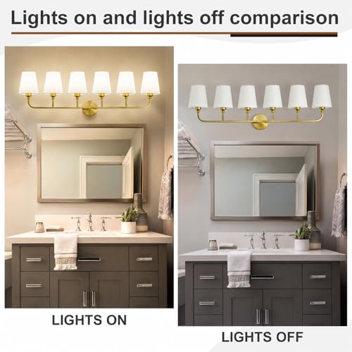 Image of Bathroom Vanity Light, Brushed Gold Bathroom Lighting Fixtures Over Mirror | 6-Light Bathroom Light Fixtures with Flared White Fabric Shade, E26 Socket (ETL Listed)