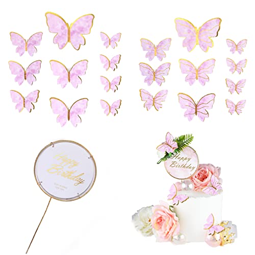 SOKLIT 21 Stück Tortendeko Geburtstag Set, Schmetterlinge Cake Topper Geburtstagstorte für Mädchen Frauen Geburtstag Hochzeit Brautdusche Kuchen Party Dekorationen Jahrestag Cover