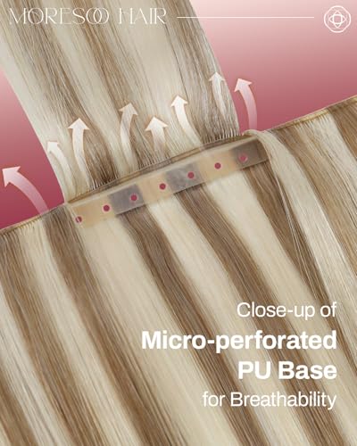 Image of Moresoo Butterfly Weft Hair Extensions Human Hair, Invisible Genius Weft, Light Brown with Blonde 14 Inch 50g, Add Volume, OVO PU Hole, Straight Soft Remy Hair, Simple Installation