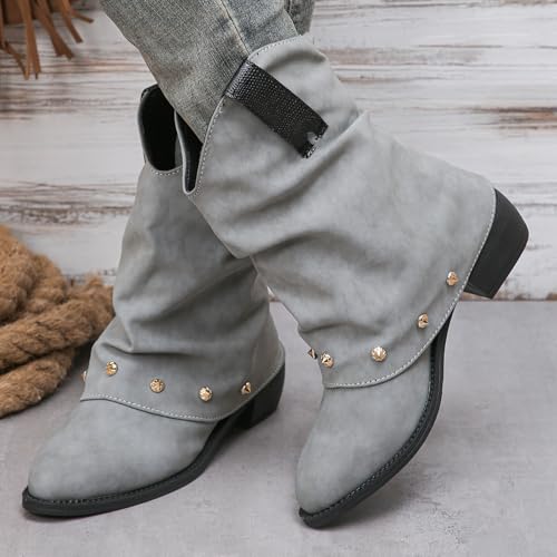 DIYCAM Women's Foldover Rivet Biker Shoes Cowboy Fold-Over Cowgirl Knee-High Boots Pointed-Toe Block Heel Trendy Boot3