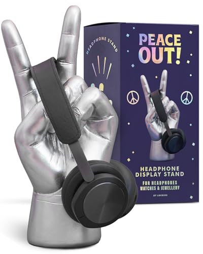 Headphone Stand | Peace Out Headset Stand & Headphone Holder Desk Tidy | Cable Management Desk Organiser or Hand Shape Jewellery Organiser | Silver Headset Holder Table Accessories - By Luckies