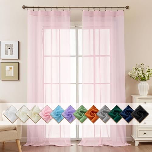 Image of Pink Sheer Curtains 96 Inches Long, Privacy Semi Sheer Curtains for Living Room Bedroom, Light Filtering Rod Pocket Voile Window Drapes 2 Panels Set, Each 42 inch W x 96 inch L