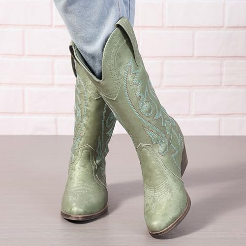 Image of SelRoys Cowboy Boots for Women Cowgirl Mid Calf Western Pointy Toe Boots Embroidered Stitched Chunky Heel Red Brown US5-11