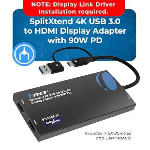 Image of OREI SplitExtend 4K HDMI Splitter Extended Display for Dual Monitor with PD | Multi-Monitor Display 3 Separate Screens - USB A & USB-C Adapter to HDMI 2.0, 4K@60hz, 90W PD Charger