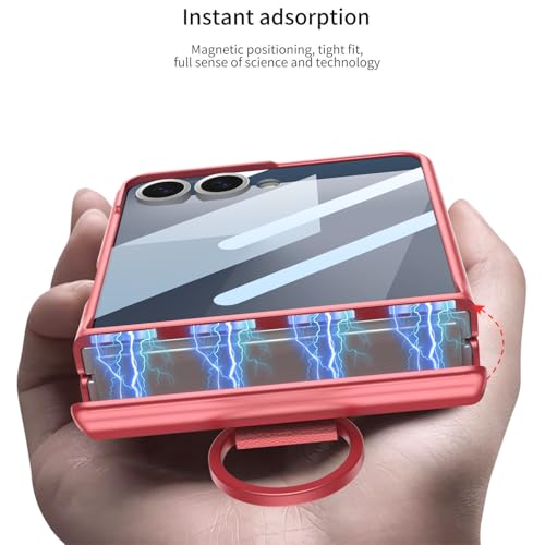 Image of Midkart Ring Case Compatible with Samsung Galaxy Z Flip 7 Release 2025 Magnetic Hinge Protection Ring Holder Hard PC with Front Glass Cover 360-degree Protection, Coral Red